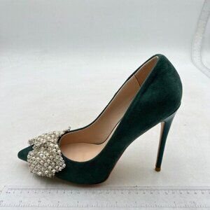 Women Pointed Toe Slip on Pumps Stiletto High Heel Shoes Pearl Bow Heels Green